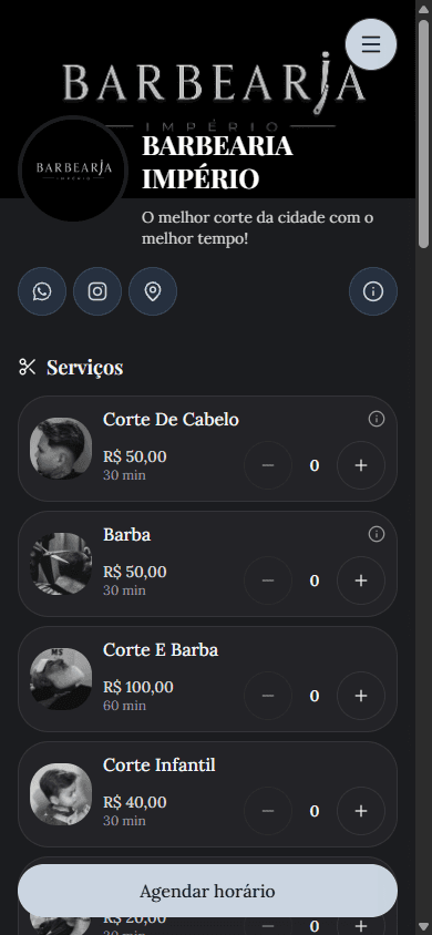 Vitrine da Barbearia Império em celular