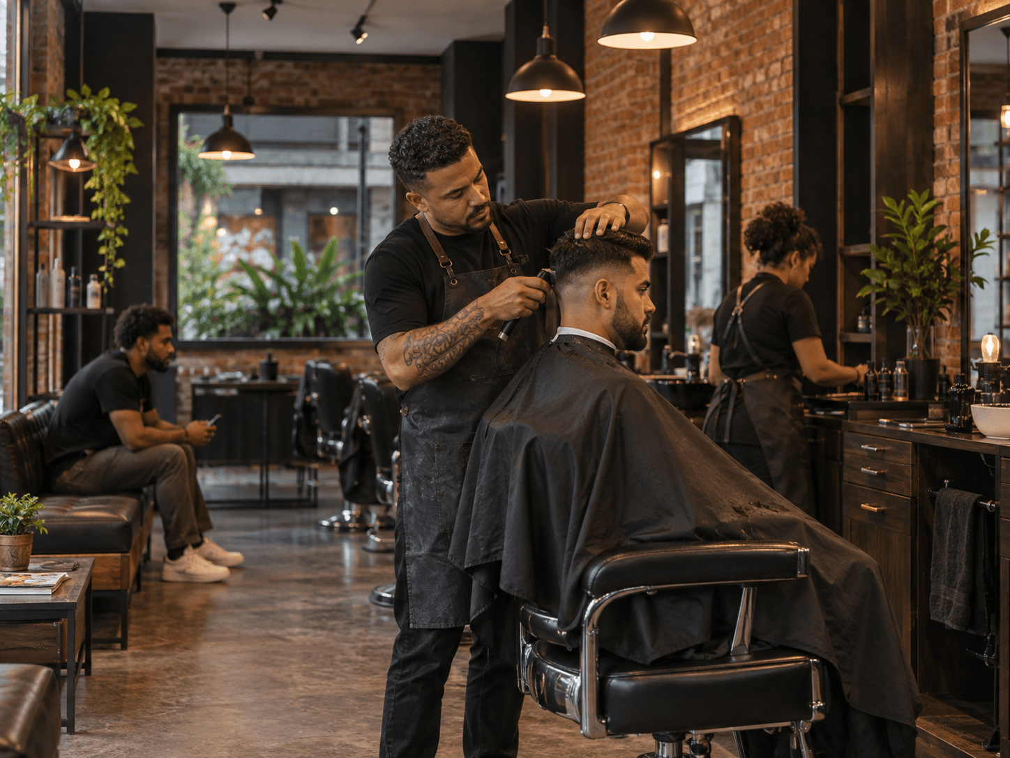 Profissionais atendendo clientes em uma barbearia